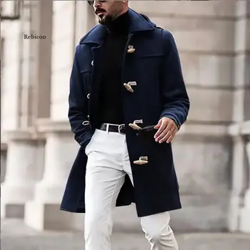 גברים הרבה צמר תערובת מעיל אופנה ללבוש אמצע אורך גברים מעיל מעיל קרן כפתור לכבות את הצוואר סתיו, חורף