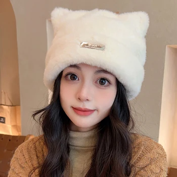 קוריאני האוזן הגנה דלי כובעים לנשים הסתיו והחורף נסיעות תכליתי חם חתול חמוד האוזן מוצק צבע קטיפה בנות כמוסות