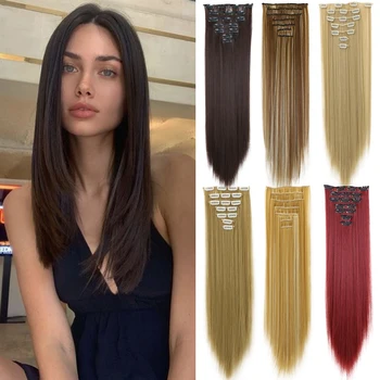 24Inch סינתטי ארוך ישר הקליפ תוספות שיער 16 קליפים עבור נשים מזייפות שווא שיער חתיכות Ombre שחור בלונדינית עיצוב שיער