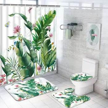 עלה הבננה וילון מקלחת ערכת החלקה לשטיח אביזרי אמבטיה דקל טרופיים צמח השירותים וילון להגדיר הבוטני פרחוני ירוק