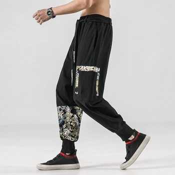 2023 קיץ גברים פשתן Sarouel Mens בציר הדפסה בסגנון סיני כותנה מכנסיים אדם אופנת רחוב מכנסיים זכר לחצות המפשעה המכנסיים