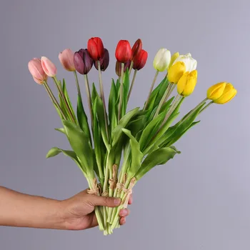 5-פיסת סיליקון רך מרגיש טוליפ פרחים מלאכותיים לקישוט לשולחן סימולציה 5-הראש הצבעוני זר