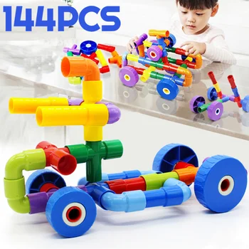 144Pcs Diy צינור בלוק מים צינור אבני הבניין צעצועים צינור גדול בלוקים להגדיר עבור הפעוט 3D מבוך לילדים צעצועים, מתנת יום הולדת