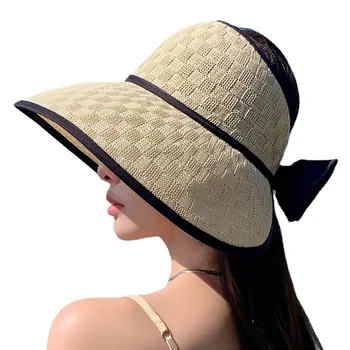 הקיץ קש גדול ברים Sunhat לנשים Bowknot ריק העליון הקסדות כובע בנות פשוטה הגנת UV החוף הכובע