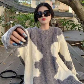 GIDYQ בציר Contrst לסרוג סוודרים לנשים Harajuku או הצוואר מנופחים שרוול ארוך Pullovers אופנה חופשי עצלן הרוח החמה ג ' אמפרים