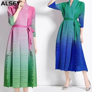 ALSEY נשים קפלים שמלה שהתעמתו צבע עם חגורה שרוול ארוך מידי אלגנטי של נשים שמלת מסיבת 2024 SpringSummer חדש