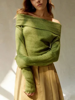 נשים חמות אביב סתיו Y2K לסרוג מקסימום שיק מוצק צבע שרוול ארוך מחוץ כתף רזה סוודר סריגים אופנת רחוב S-XL