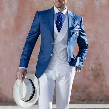 סגנון חדש חליפות לגברים Terno כחול תחפושת אחת עם חזה מחורצים דש תלבושות קבוע שלוש חתיכת ז ' קט מכנסיים וסט 2023