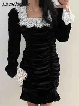 קטיפה שמלת נשים סתיו אביב 2024 חדש אופנה קוריאנית צוואר מרובע החדרת תחרה מיני Dresse התלקח שרוול תחרה שמלת קיץ