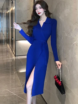 כחול סרוגים התחבושת חתיכה אחת של הנקבה שמלת סתיו חורף יוקרה מסיבת ריקודים 2023 שמלה אלגנטית קוריאנית Bodycon שמלות ערב