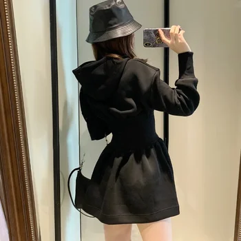 מקרית קוריאני שמלות נשים שחור עם ברדס האופנה חלוק נשי Thicked טוניקה קו-שמלה 2023 Vestidos דה Mujer Y2k בגדים