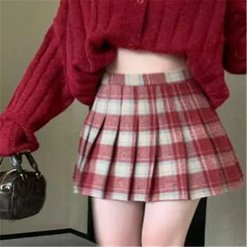 סגנון קוריאני חצאית קפלים החצאית הנשית באביב ובסתיו גבוהה המותניים רזה קו קצר תלמיד צמר 2024 NewSummer חצאיות