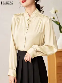 ZANZEA 2023 כתם פטריות פרועות לעמוד צווארון חולצות נשים קפלים, חולצה סתיו קוריאנית אלגנטי כפתורים זמן פנס חולצות שרוול