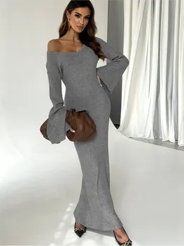 סקסית V-צוואר סלים סרוגים שמלות ארוכות לנשים 2023 סתיו חורף יומיומי שרוול ארוך מוצק צבע השמלה האלגנטית החדשה חלוק נשי