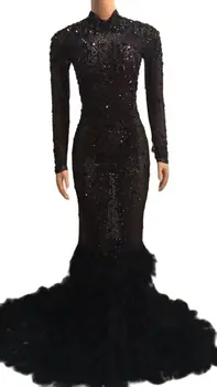 סקסית פנינים אבנים מראה השמלה MeshBirthday נוצה לחגוג ערב WealFemale זמר להראות לראות דרך הבגדים.