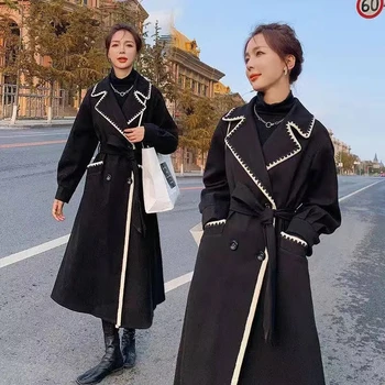 חדשה סתיו חורף לעבות חם שחור צמר מעיל נשים אופנה אלגנטית גודל גדול צמר תערובת ארוך מעיל נשי באיכות גבוהה מעיל