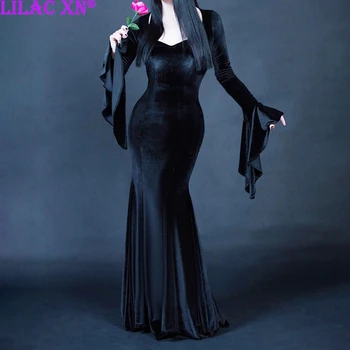 בציר Eledant קטיפה שחורה התלקח שרוול ארוך שמלות ערב לנשים Y2K גותי V-צוואר Bodycon Midi שמלה החורף Vestidos החלוק