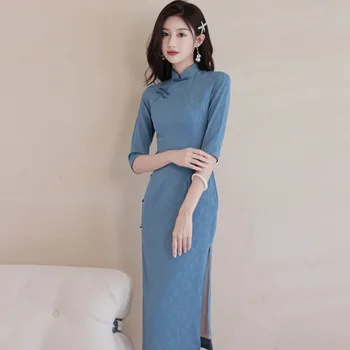 נשים חצי שרוול כחול מצופה שמלה סינית ילדה סגנון וינטג 'Cheongsam נקבה תצוגת אופנה של תלבושות שיפור צ' יפאו