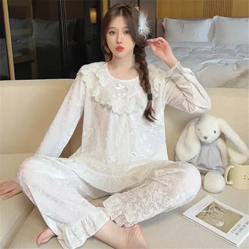 נשים Pijama קוריאנית לעבות הלבשת לילה חמים עם שרוולים סתיו הזהב לחורף ארוך הביתה סט בגדי קטיפה תחרה פיג ' מה Feminino