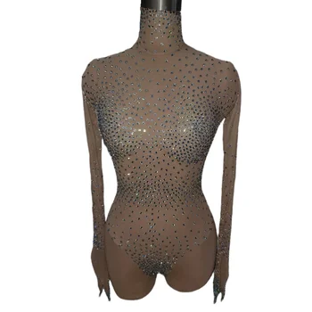 2023 סקסי שקוף רשת שרוול ארוך מוט ריקוד Rompers בגדי גוף חתיכה אחת קצרה סרבל נשים מסיבת מועדון ריינסטון Bodysuits