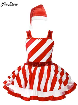ילדים בנות חג המולד תלבושות שרוולים נוצץ נצנצים פסים טלאים חצאית בגד גוף שמלה עם כובע על החג מסיבת פסטיבל
