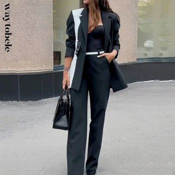 Waytobele נשים בלייזר החליפה סתיו האופנה משרד החדרת דש כפתור אחד שרוול ארוך העליון רופף עם כיסי מכנסיים ערכות