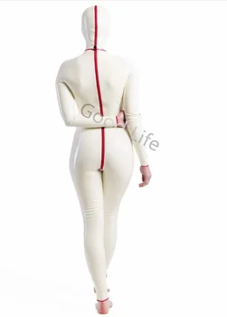 עבודת יד סקסית Latex טבעי Catsuit חזרה המפשעה רוכסן גומי באיכות גבוהה Bodysuits האחות החליפה עם ברדס אדום חתוך