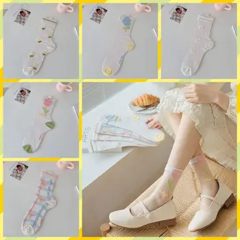רשת קיץ דקים במיוחד נגד שחיקה רגל קריסטל משי גרביים זכוכית משי לנשימה אלסטיות גרביים ארוכות Harajuku פרח גרביים