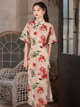 גדול שרוול בסגנון סיני Cheongsam 2023 האביב החדש פרחוני הדפסה נשים סלים צ ' יפאו רטרו אלגנטי מסורתי שמלה ארוכה