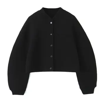 נשים 2023 חדש אופנה מזדמן קצוץ שחור עף מעיל וינטג שרוול ארוך כפתור-אפ הנשי הלבשה עליונה שיק Overshirt