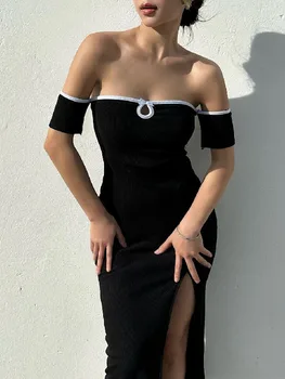 שחורות ארוכות שמלות נשים סקסי קו נטוי הצוואר, שמלות צד נשי חלול החוצה פיצול שמלת ערב נשים אלגנטי מחוץ כתף Vestido