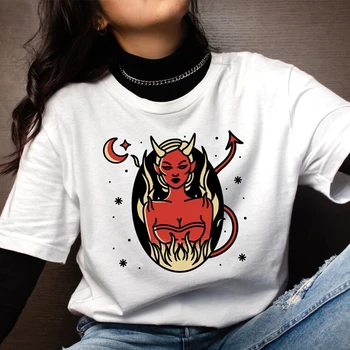 רטרו השטן מגניב גרפי טי שירט לנשים השטן עיצובים אמנותיים בציר אופנה הקיץ או הצוואר אופנת רחוב חולצות כותנה העליון