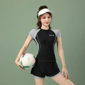 נשים/נוער בנות נוער שני חלקים של בגדי ים Colorblock תסגור אתלטי בגדי שרוול קצר חולצה עם Boyleg קצרים Rashguards