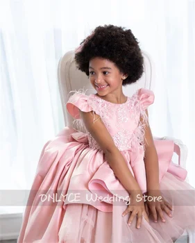 חדש ורוד פרח שמלת ילדות 2024 סאטן חרוזים נוצות תחרה, אפליקציות נפוח שמלה עבור ילד יום ההולדת Vestidos פארא Niñas