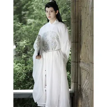 3 צבעים בהירים Hanfu Crewneck זמן החולצה Mens דק קיץ לבן ארוך שמלת Cosplay סינית עתיקה תחפושת ג ' נטלמן קימונו