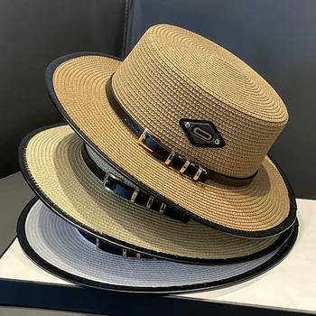 אופנתי יוקרה מעצב אבזם שטוח כובע קיץ גבירותיי נסיעות שמשיה גדולה שוליים כובעי קש רטרו נשים דלי מקרית קאפ