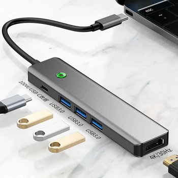 6 ב 1 סוג C רכזת Multiport מתאם HDMI 4K/30Hz USB3.0 PD100W אספקת כוח USB-C data, עם לא/כיבוי מקש עבור מחשב נייד MacBook