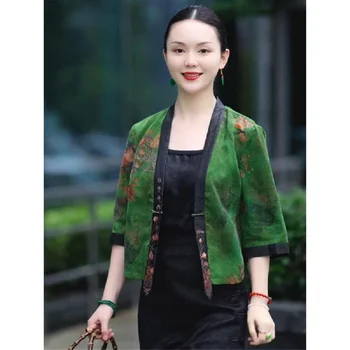 2023 הסיני הלאומי פרח הדפסה קרדיגן מסורתי נשים וינטאג סאטן מעיל קצר מזרחי טאנג חליפה אתני סאטן החולצה