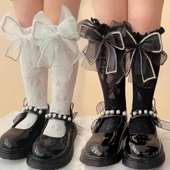 1 זוג עגל גרבי תחרה חלולה לנשימה בסגנון יפני קופצני מדי יום ללבוש קטיפה קשת-קשר של הילדים גרביים, מתנת יום הולדת