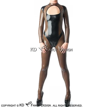 שחור-שקוף חום סקסי לטקס Catsuit עם שרוולים ארוכים מול פתח גומי בגד מערער הכוללת בגד גוף אשמים-0229