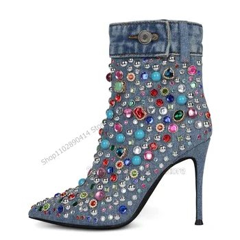 כחול ג ' ינס צבעוני, חרוזי קריסטל עיצוב מגפי קרסול לחצן רצועת נשים נעלי דק עקבים גבוהים אופנה 2023 פאטוס פארא Mujere
