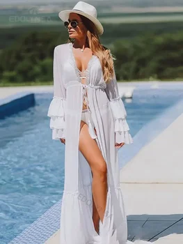 לבן שיפון עם שרוולים ארוך פרע נשים קרדיגן קימונו החוף להתלבש אלגנטי חוף ללבוש בגד לכסות תלבושות גלימה D5